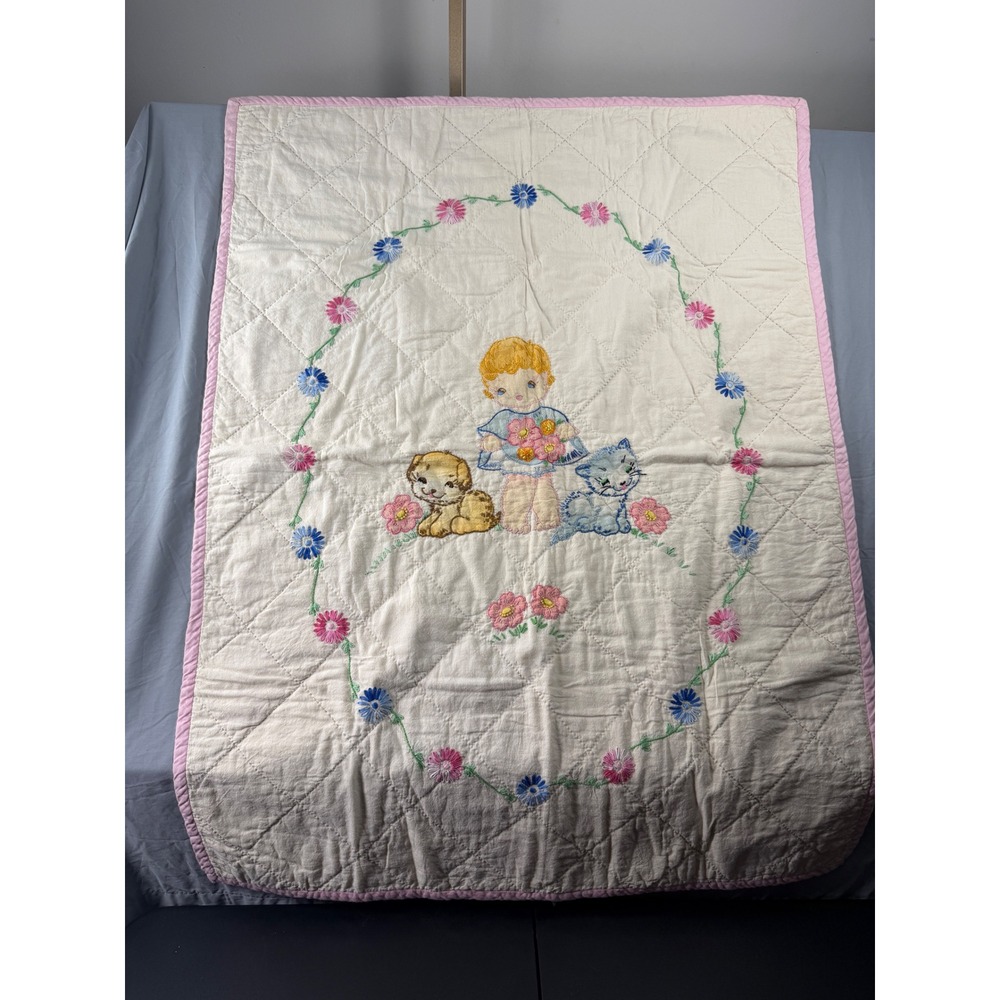 VTG Handmade Baby Quilt Nursery Crib Cream Pink Hand Embroidered Cat Dog 33x42
